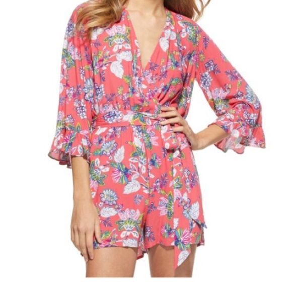 NWT Scoop Women Ruffle Tie Waist Pink Paisley Summer Romper 3/4 Sleeve XXL - Picture 2 of 7